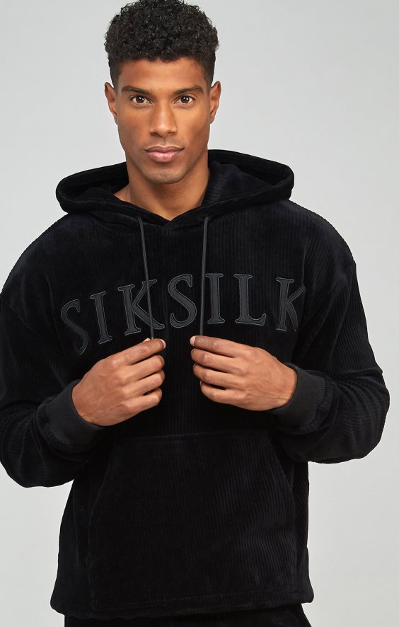 mężczyźni strój 4TPF414 SikSilk Czarna sztruksowa bluza z kapturem z aplikacją z logo