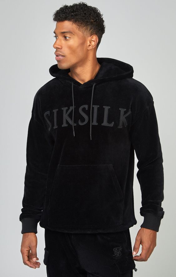 mężczyźni strój 4TPF414 SikSilk Czarna sztruksowa bluza z kapturem z aplikacją z logo