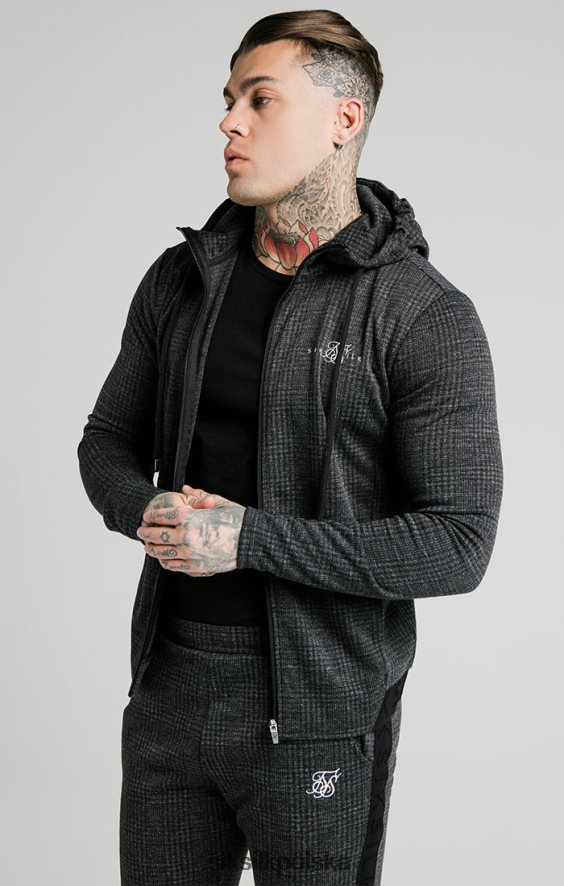 mężczyźni strój 4TPF451 SikSilk Bluza z kapturem i zamkiem błyskawicznym w tonalną kratkę - szara