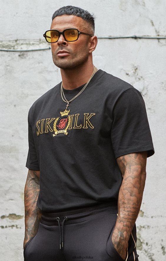 mężczyźni strój 4TPF373 SikSilk Czarny t-shirt oversize z herbem